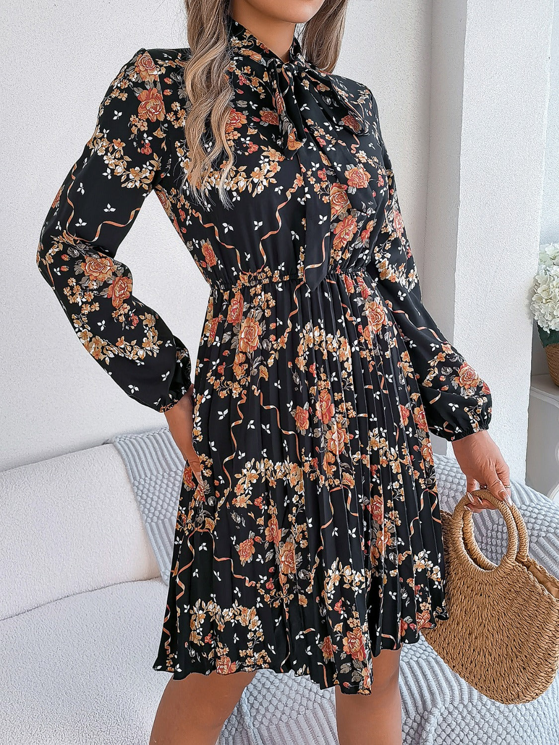 Polyester Pleated Sheer Dress