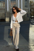 Plunging V-Neck Cotton Blouse with Flared Sleeves