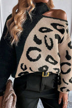 Leopard-Print Off-Shoulder Sweater with Panel Details