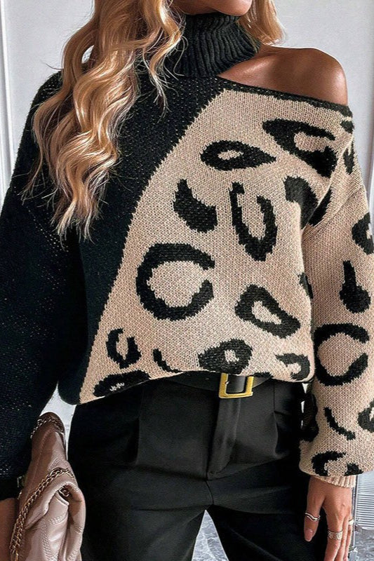 Leopard-Print Off-Shoulder Sweater with Panel Details