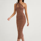 Ruched Open-Back Maxi Dress with One-Shoulder Cut