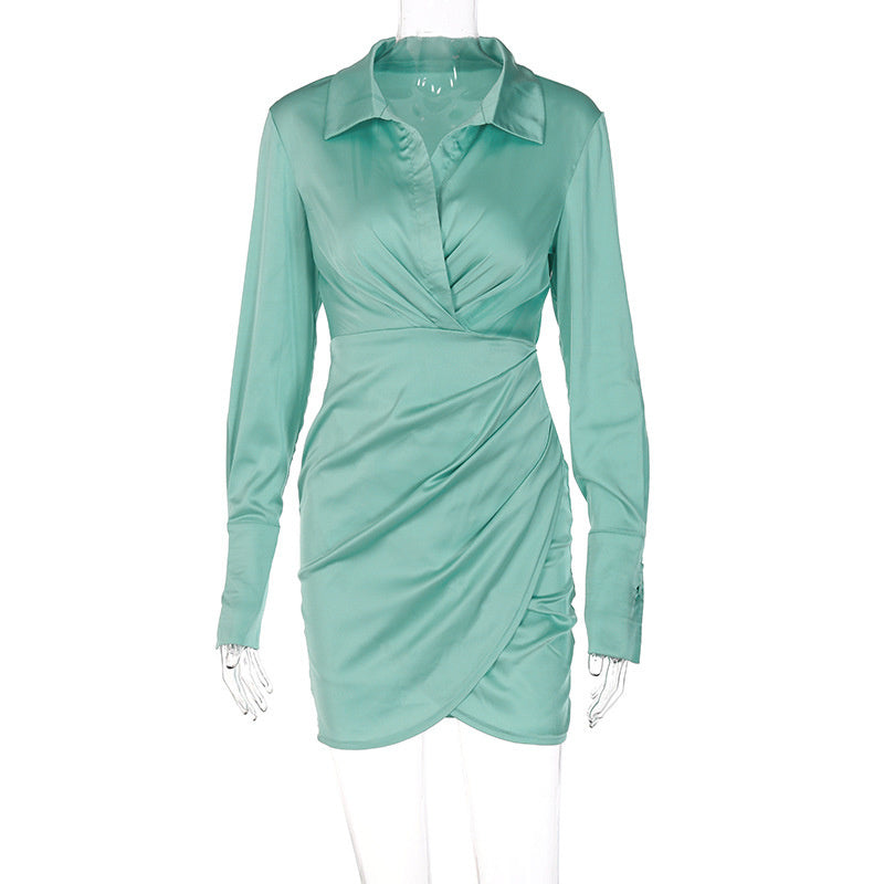 Satin Mini Dress with Foldover Collar