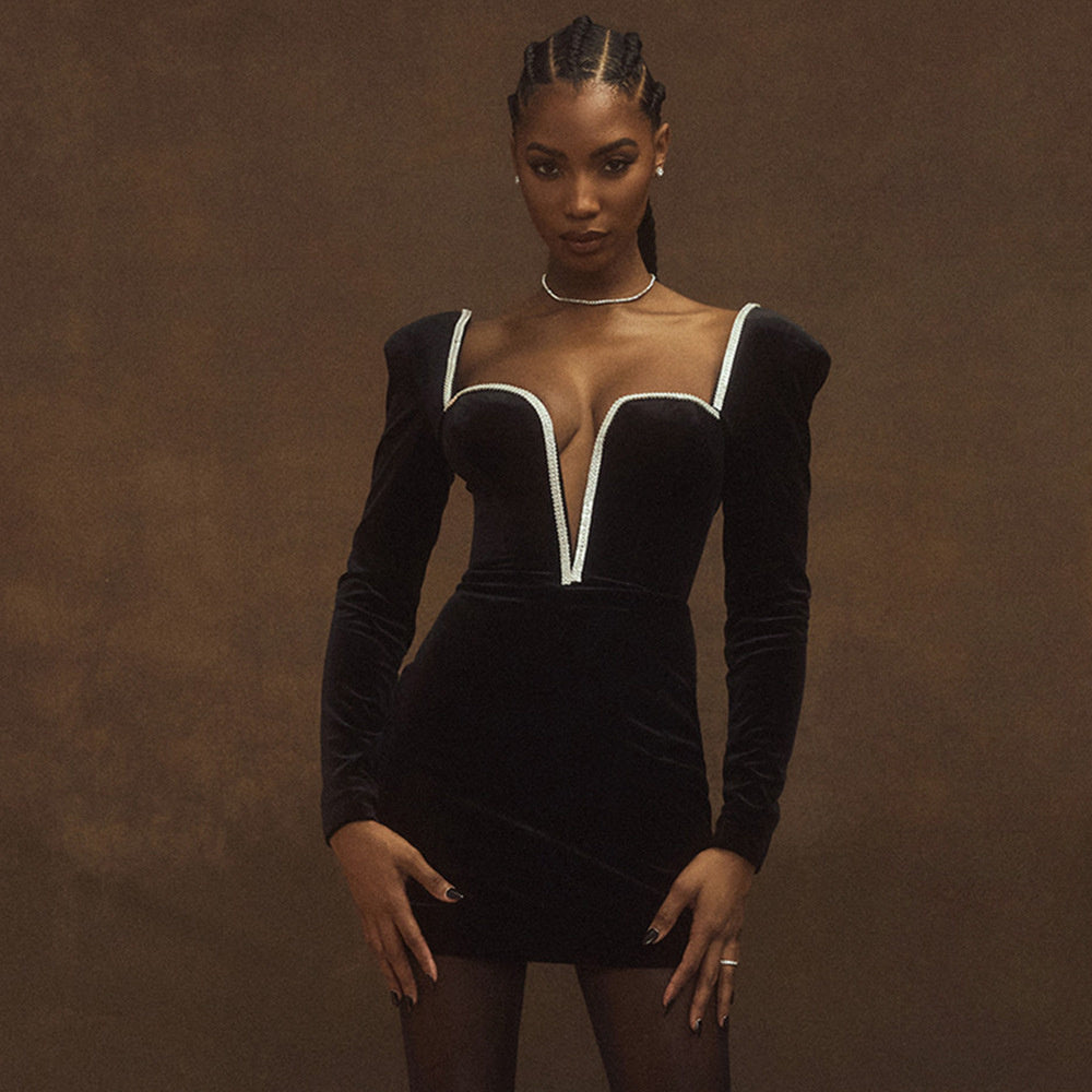 Plunging V-Neck Long-Sleeve Mini Dress