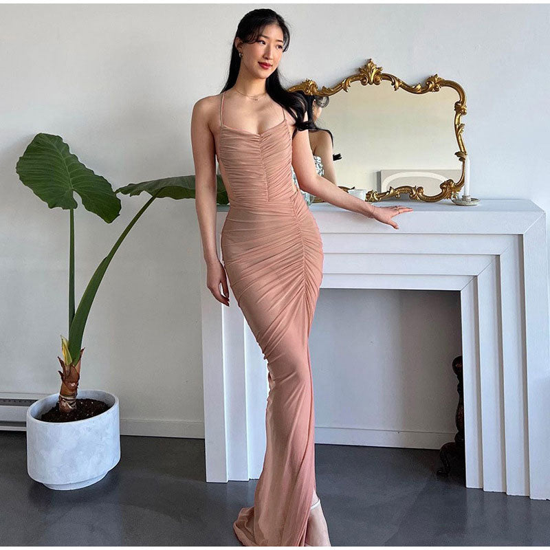 Pleated Maxi Dress with High Slit