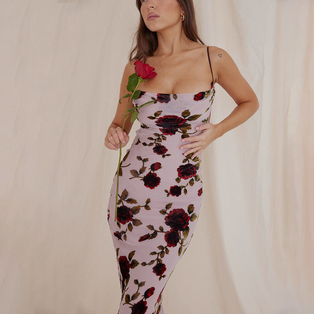 Printed Open-Back Maxi Dress with Ruching