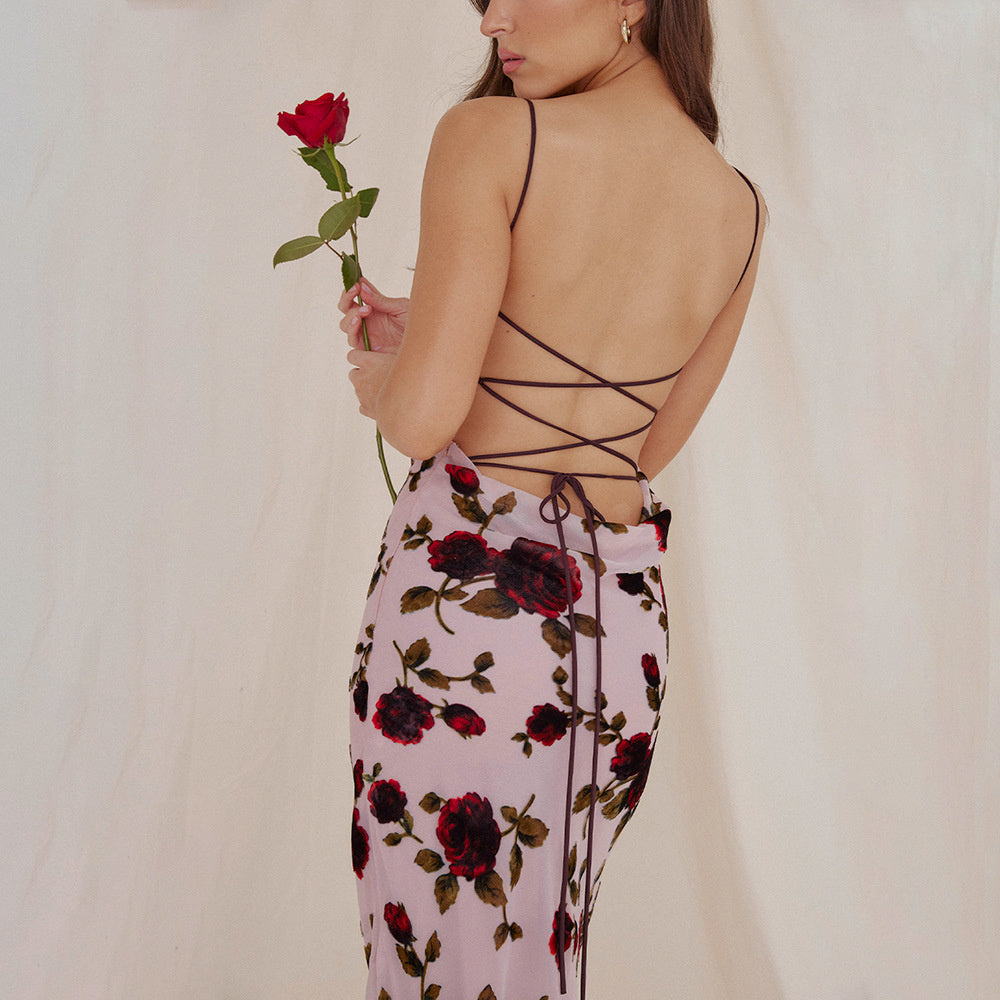 Printed Open-Back Maxi Dress with Ruching