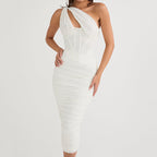 Ruched Open-Back Maxi Dress with One-Shoulder Cut