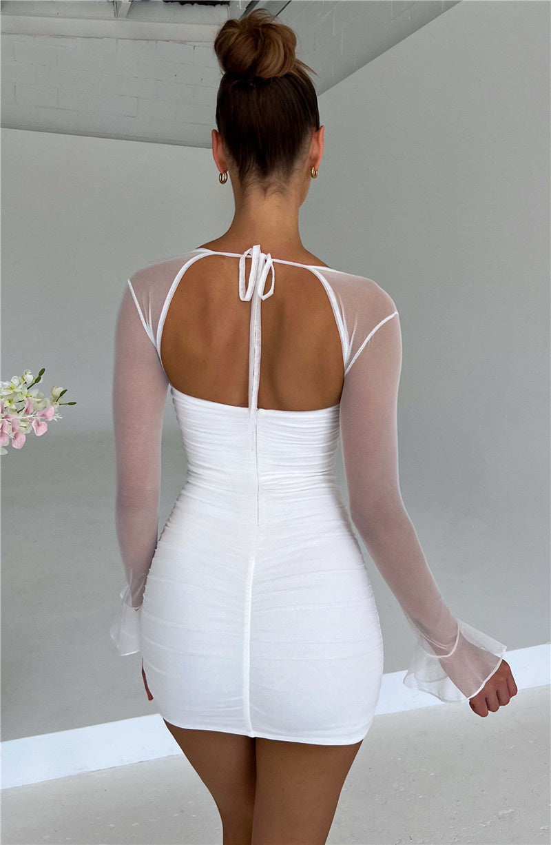 Open-Back Mesh Mini Dress with Zip Detail