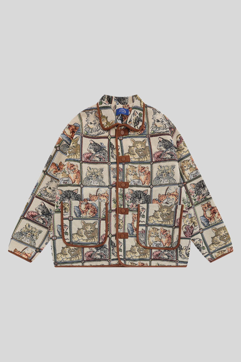 Cat-Motif Jacquard Jacket with Button Front