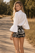Blouse Office Arm - V Button Women's Flare Up White Neck Blouse
