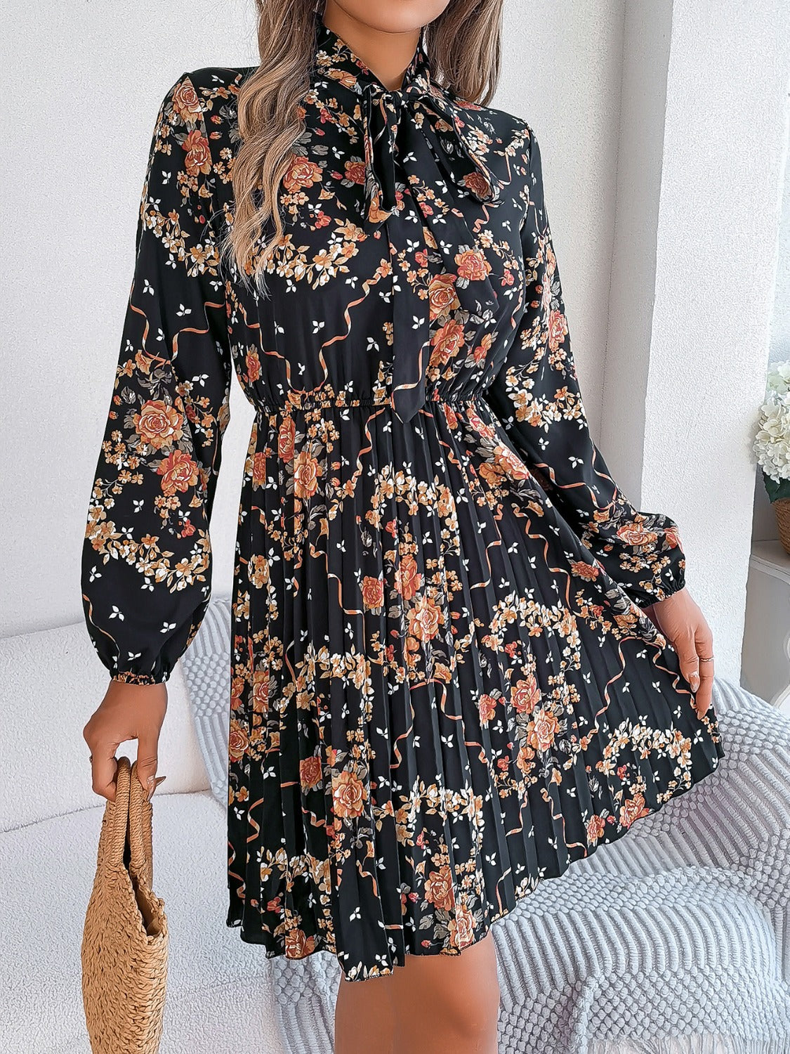 Polyester Pleated Sheer Dress