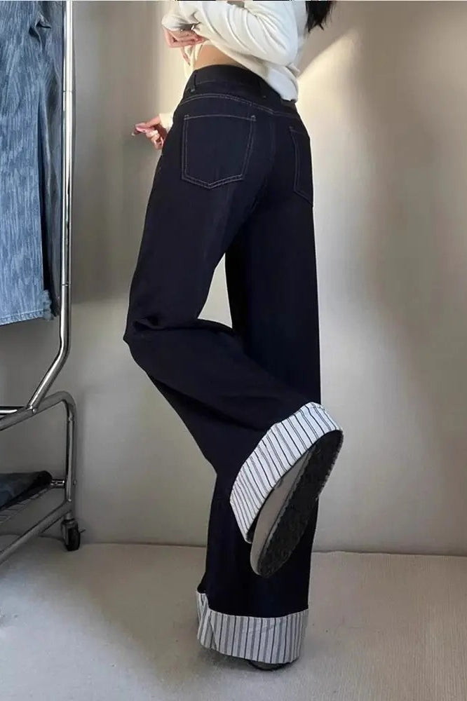 Striped Blue Wide-Leg Jeans with Panel Details