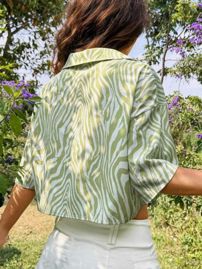 Printed Lapel Short-Sleeve Blouse
