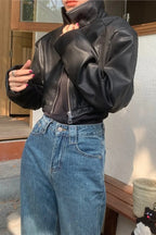 Leather Cropped Jacket with Zip Detail