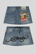 Painted-Graphic Denim Mini Skirt with High Waist