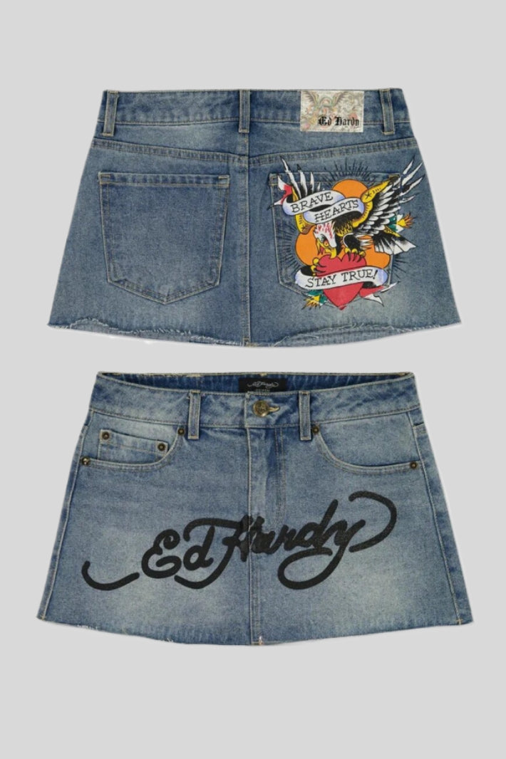 Painted-Graphic Denim Mini Skirt with High Waist