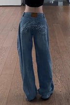 Vintage-Inspired Lettered Rhinestone-Detail Wide-Leg Jeans