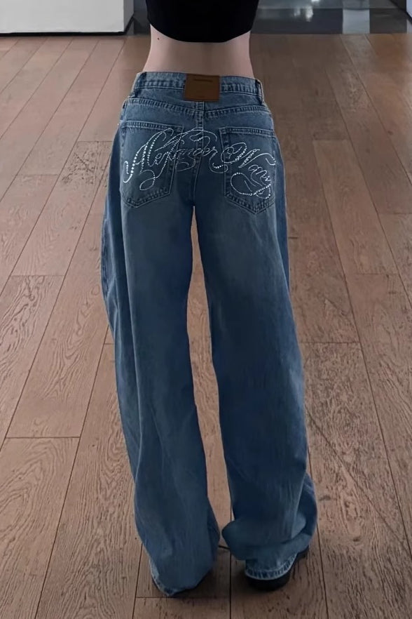 Vintage-Inspired Lettered Rhinestone-Detail Wide-Leg Jeans