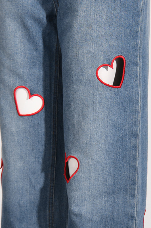 Heart-Detail High-Rise Cutout Straight-Leg Jeans