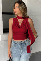 Draped Cinched Strap-Detail Cropped Top