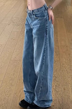 Vintage-Inspired Lettered Rhinestone-Detail Wide-Leg Jeans