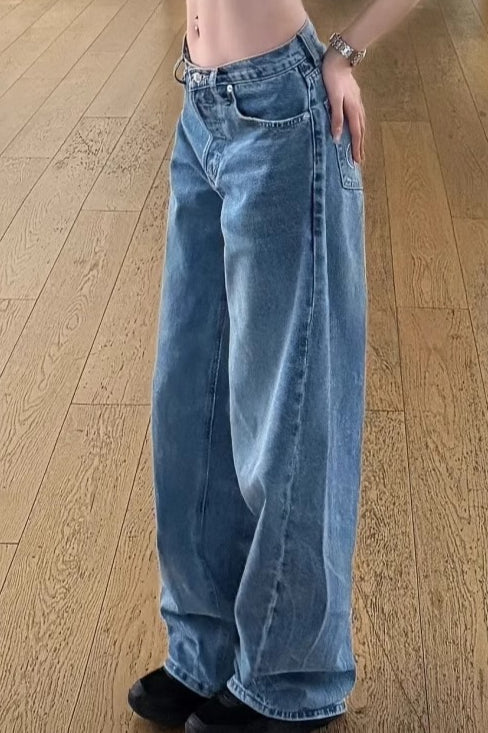 Vintage-Inspired Lettered Rhinestone-Detail Wide-Leg Jeans