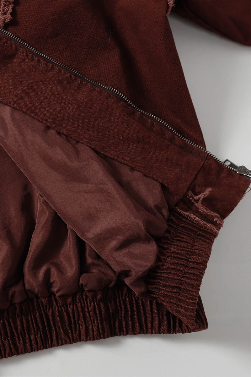 Washed Hooded Zip Jacket with Raw Seams