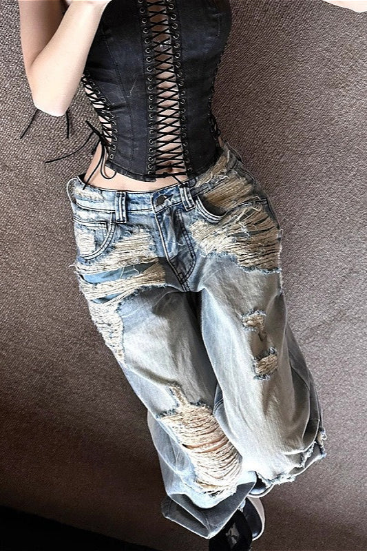 High-Rise Light-Blue Wide-Leg Jeans with Distressed Details
