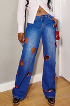 Heart-Detail High-Rise Cutout Straight-Leg Jeans
