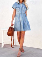 Denim Cotton Dress with Raw Hem