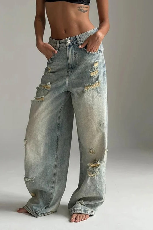 High-Rise Straight-Leg Jeans with Distressed Details