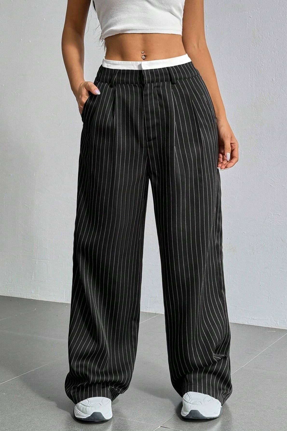 Striped High-Rise Panelled Straight-Leg Pants