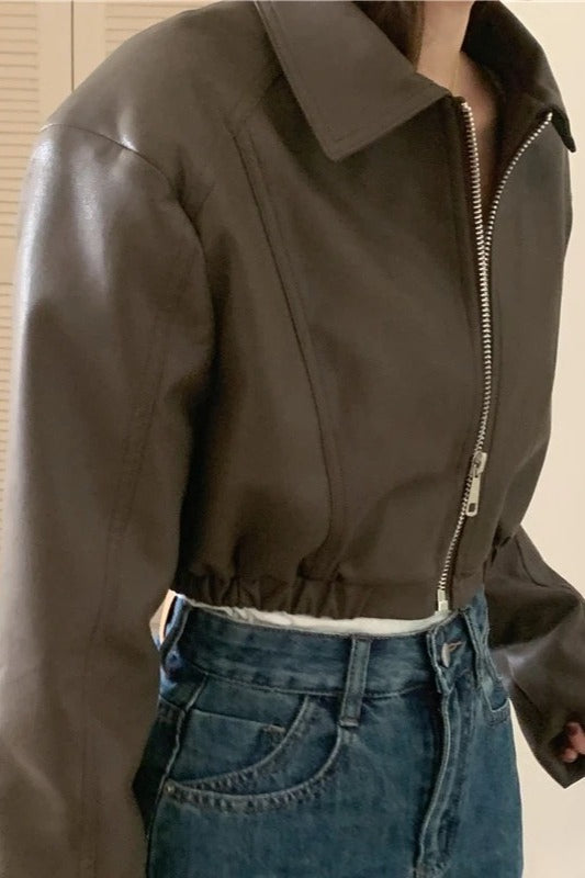 Leather Cropped Jacket with Zip Detail