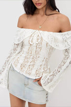 Off-Shoulder Bodycon T-Shirt with Lace Panels