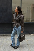 Faux-Leather Vintage-Inspired Jacket with V-Neckline