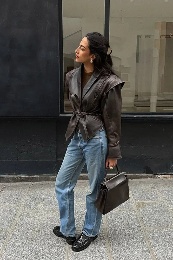 Faux-Leather Vintage-Inspired Jacket with V-Neckline