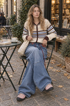 Plaid Panel Drawstring Barrel Jeans