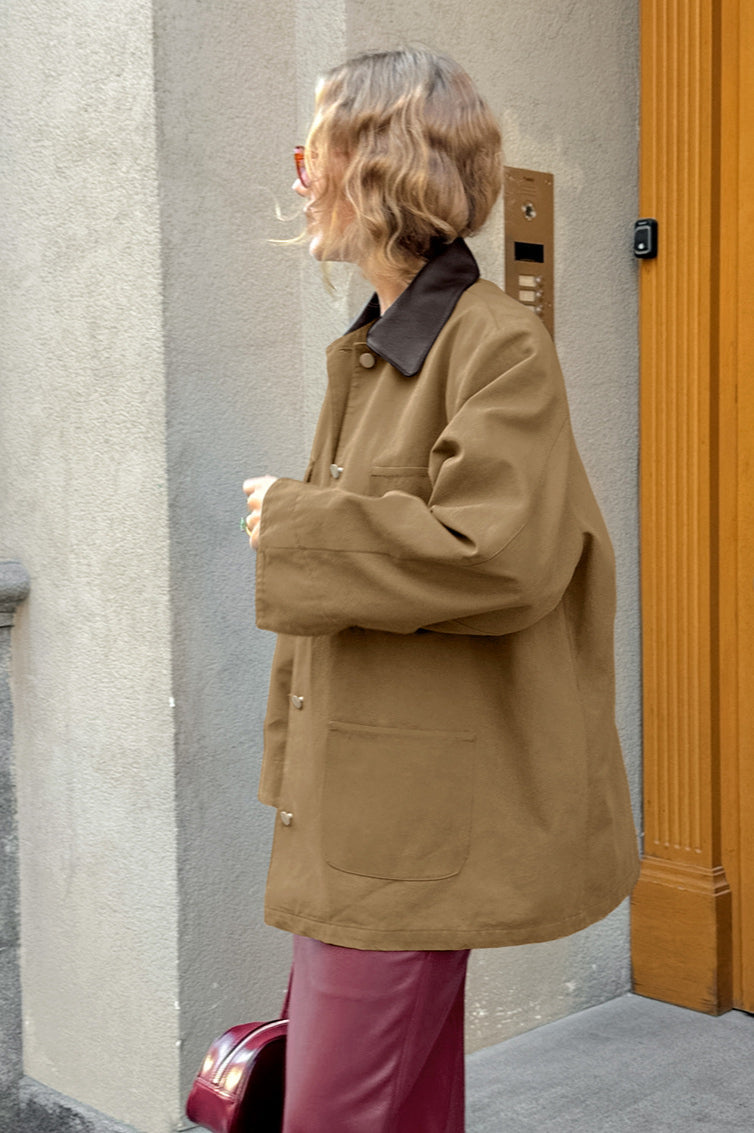 Brown Faux-Leather Panelled Coat