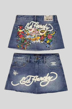Painted-Graphic Denim Mini Skirt with High Waist