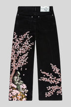 Samurai-Motif Blossom-Detail Wide-Leg Jeans with Embroidery