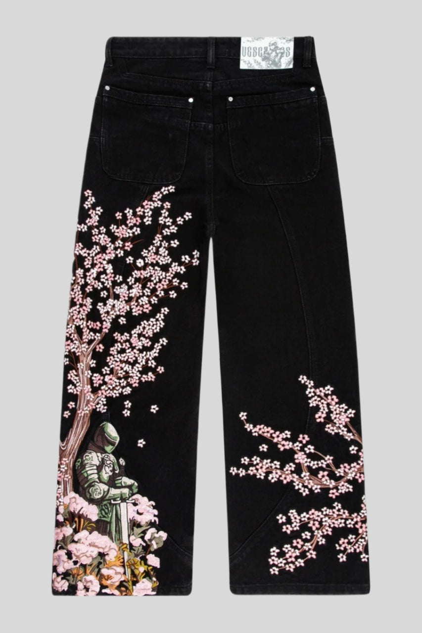 Samurai-Motif Blossom-Detail Wide-Leg Jeans with Embroidery