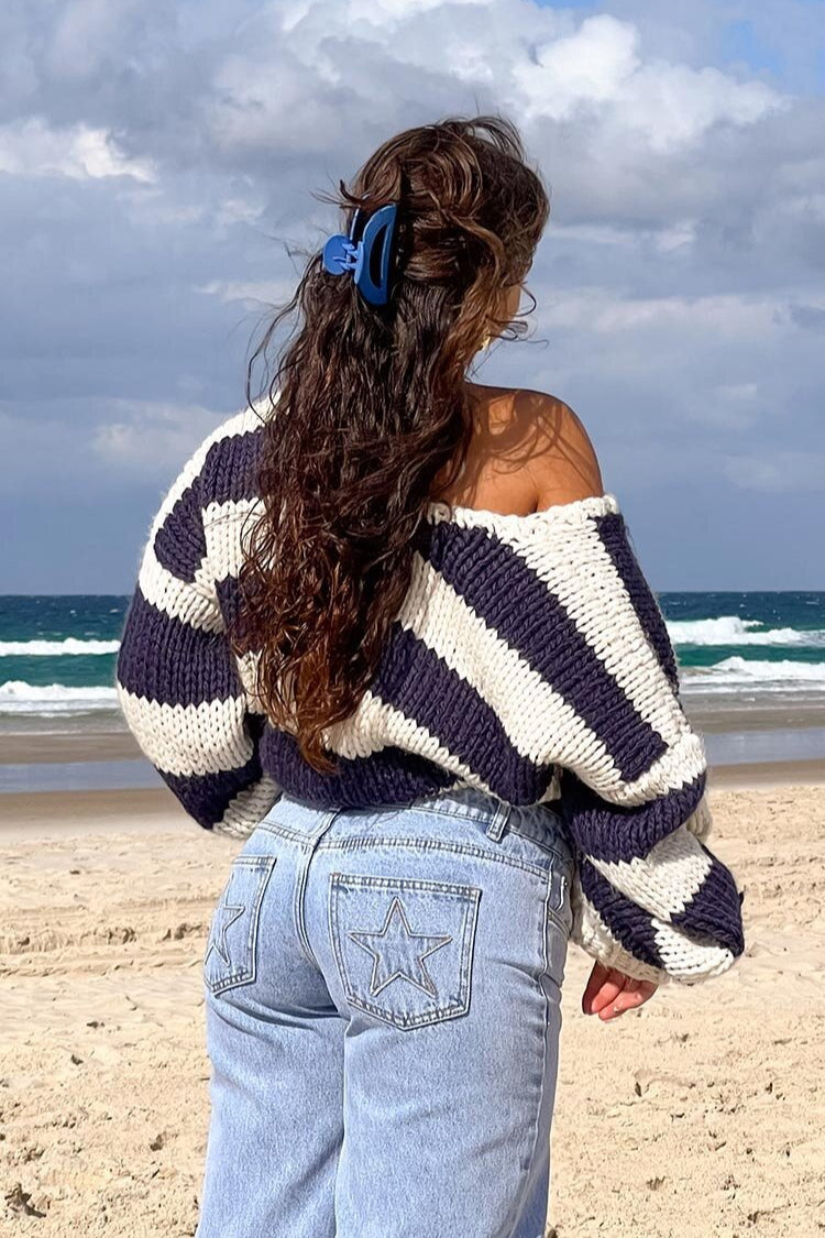 Striped Knit Sweater with Off-Shoulder Neckline
