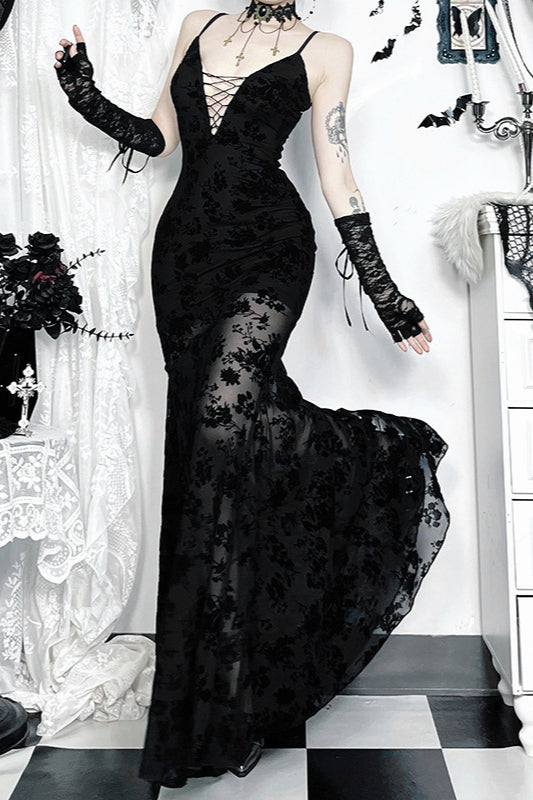 Gothic Maxi Gown with V-Neckline