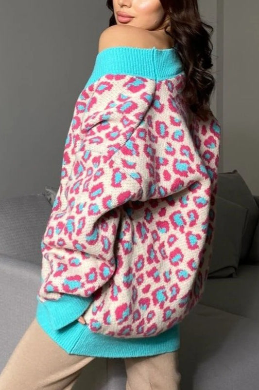 Leopard-Print Knit Cardigan with Long Sleeves