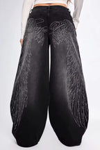 Wing-Graphic Rhinestone-Detail Wide-Leg Jeans