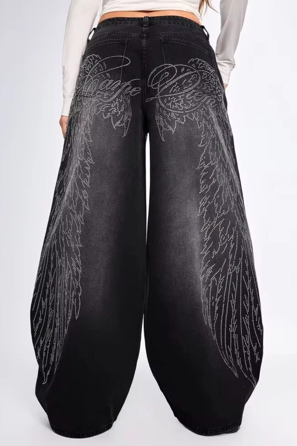 Wing-Graphic Rhinestone-Detail Wide-Leg Jeans