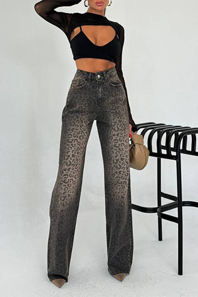 Leopard-Print Cotton High-Rise Straight-Leg Jeans
