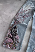 Samurai-Motif Blossom-Detail Wide-Leg Jeans with Embroidery