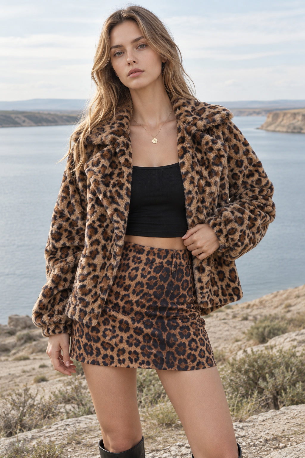 Fleece Leopard Zebra Print Notch Collar Coat