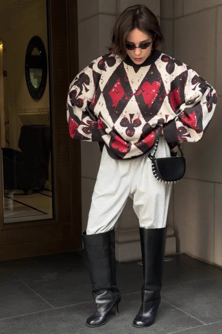 Sweater with Colorblock Details and Argyle Patterning